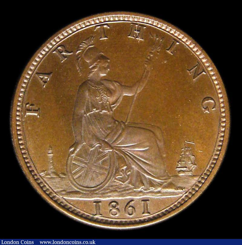 London Coins : A152 : Lot 2258 : Farthing 1861 Bronze Proof Freeman 506, dies 3+B, Toned UNC with a trace of lustre, slabbed and grad...