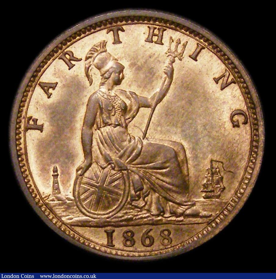 London Coins : A152 : Lot 2272 : Farthing 1868 Bronze Proof Freeman 520 dies 3+B, UNC with some lustre, slabbed and graded CGS 82, Ex...