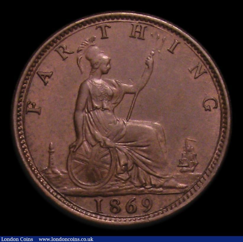 London Coins : A152 : Lot 2274 : Farthing 1869 Narrow Date as Freeman 522 dies 3+B, Toned UNC/AU