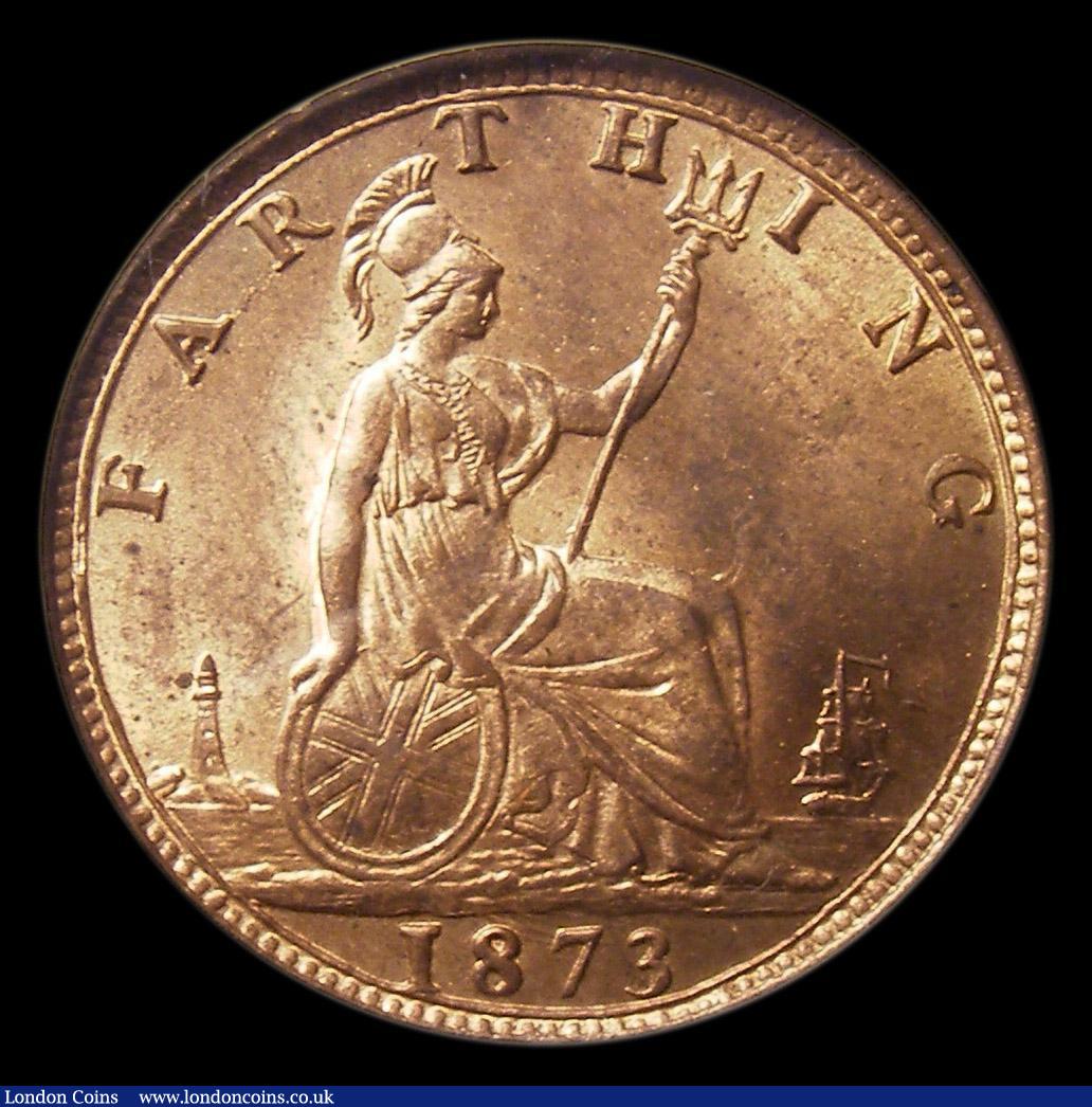 London Coins : A152 : Lot 2276 : Farthing 1873 High 3 in date CGS Variety 01, Choice UNC with around 70% lustre, slabbed and graded C...