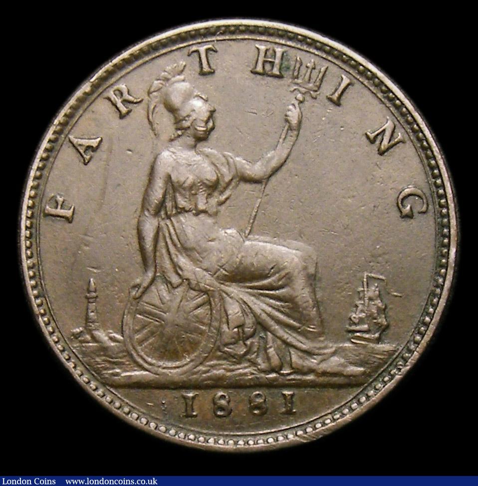 London Coins : A152 : Lot 2289 : Farthing 1881 F over P in FARTHING VF toned, the variety clear, slabbed and graded CGS 40