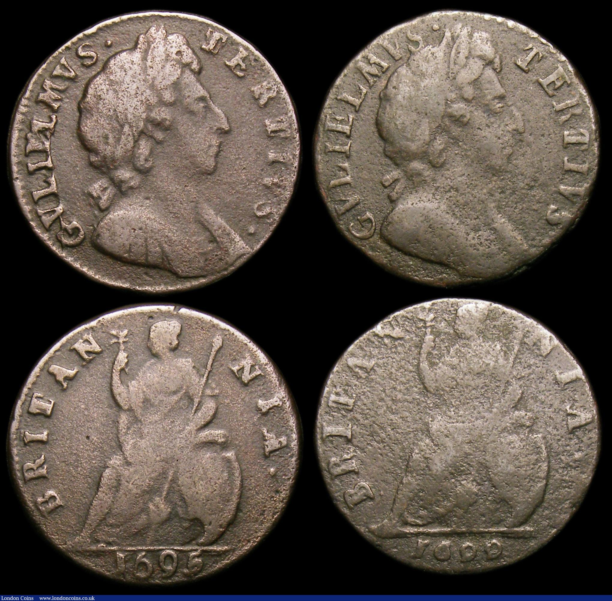 London Coins : A152 : Lot 2333 : Farthings, varieties (5) 1695 struck on a heavy flan of 6.2 grammes, CGS Variety 06, VG, slabbed and...