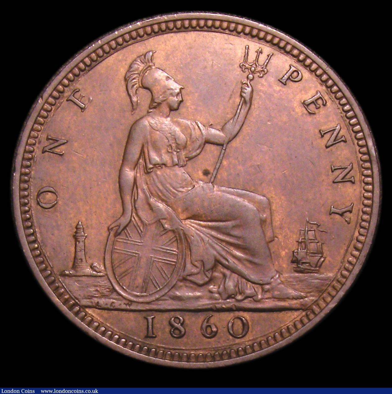 London Coins : A152 : Lot 2364 : Penny 1860 Toothed Border Freeman 15 dies 4+D NEF with a small spot by Britannia, some of the letter...