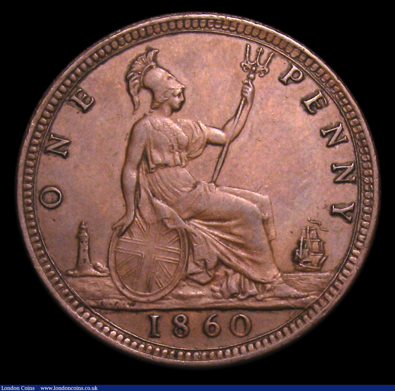 London Coins : A152 : Lot 2365 : Penny 1860 Toothed Border Freeman 16 dies 5+D GVF toned, Ex-Croydon Coin Auction 7/1/2003 hammer pri...