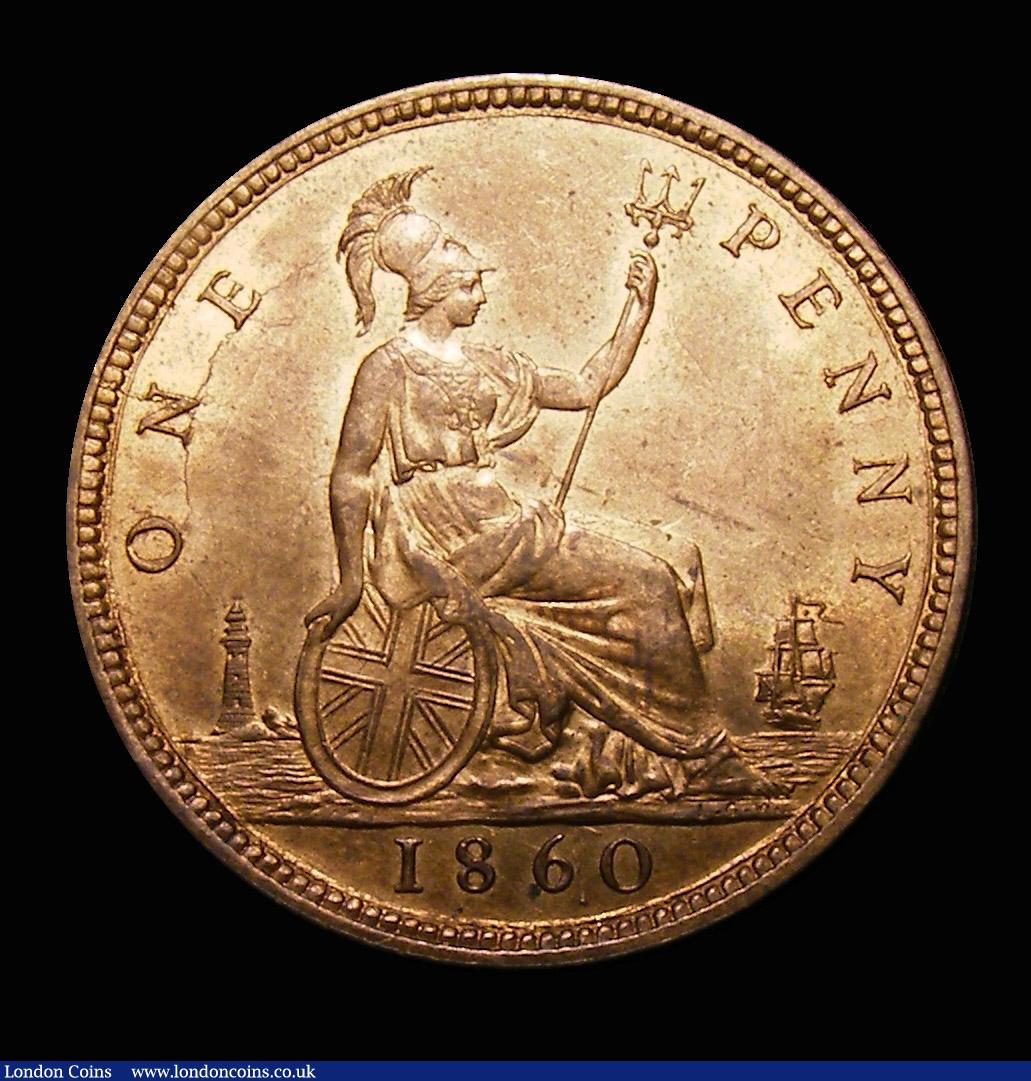 London Coins : A152 : Lot 2371 : Penny 1860 Toothed Border, LCW below foot, Freeman 14 dies 3+E UNC with some contact marks on the ob...