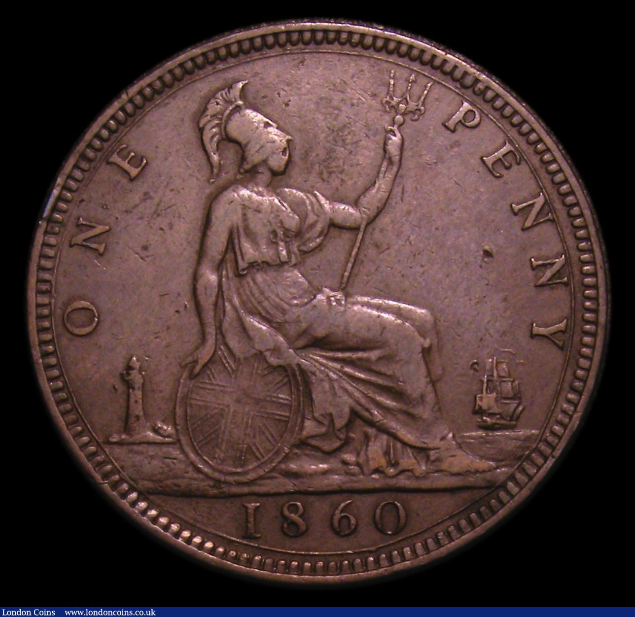 London Coins : A152 : Lot 2372 : Penny 1860 Toothed Border, No colon dots after F:D, Gouby T, Satin 19, some nicks and scuffs and a s...