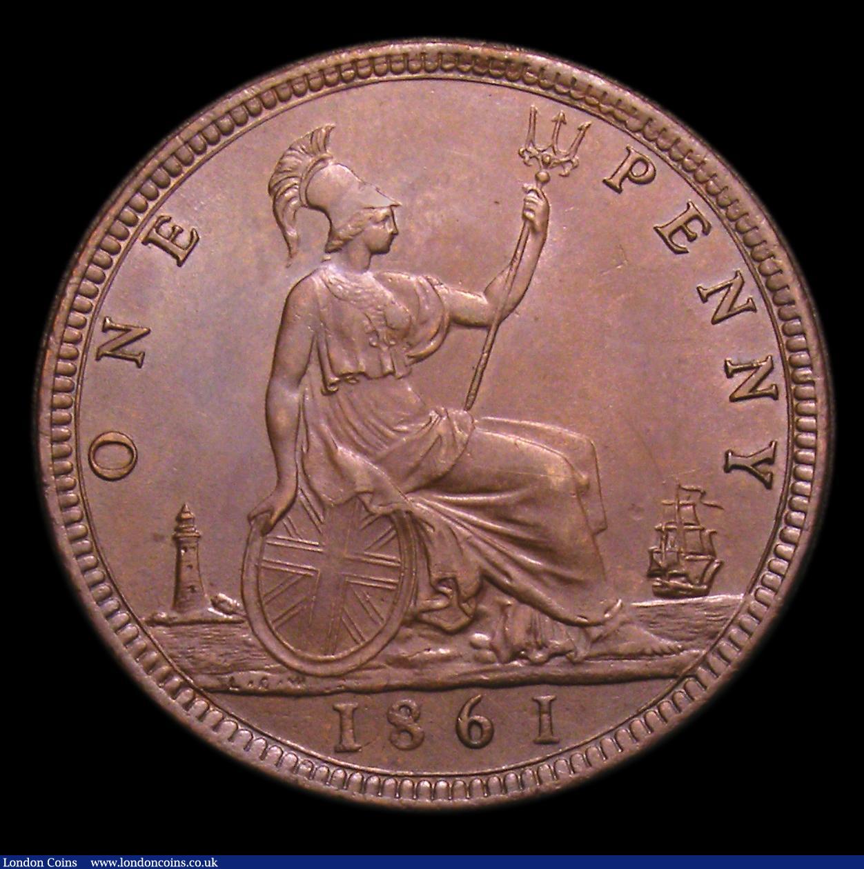 London Coins : A152 : Lot 2380 : Penny 1861 Freeman 26 dies 5+D UNC and attractively toned, a thin scratch on Britannia's draper...