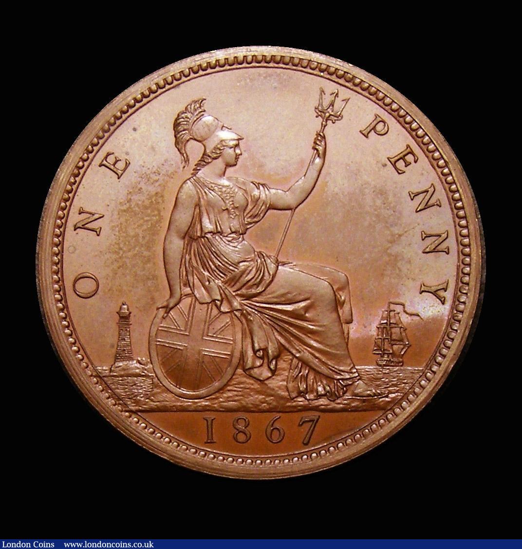 London Coins : A152 : Lot 2402 : Penny 1867 Bronzed Proof Freeman 55 dies 6+G, Ex-M.Rasmussen, nFDC with chocolate tone, Ex-London Co...