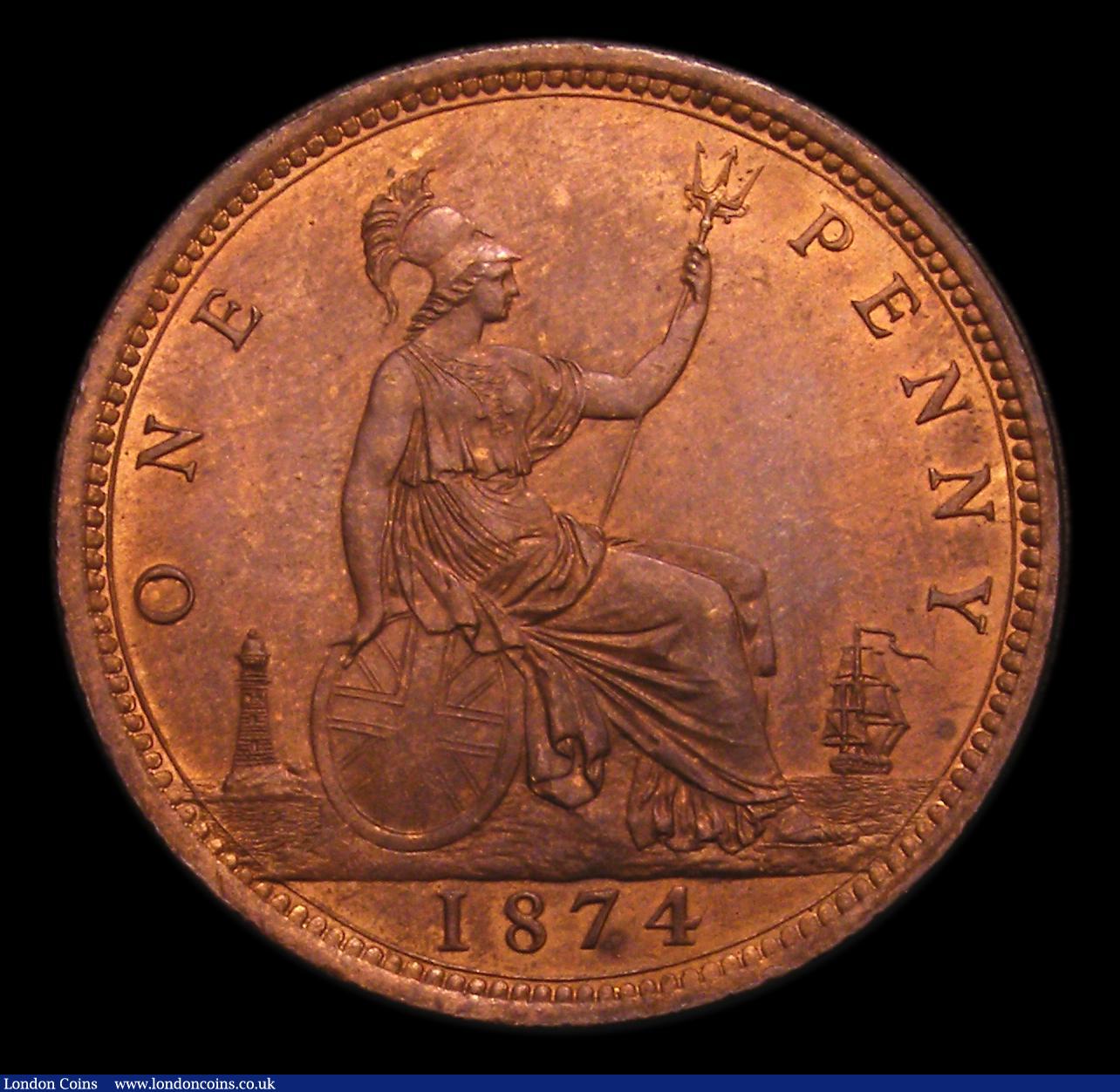 London Coins : A152 : Lot 2414 : Penny 1874 Freeman 65 dies 6+G UNC, the obverse with lustre, the reverse with subdued lustre, Ex-Cro...