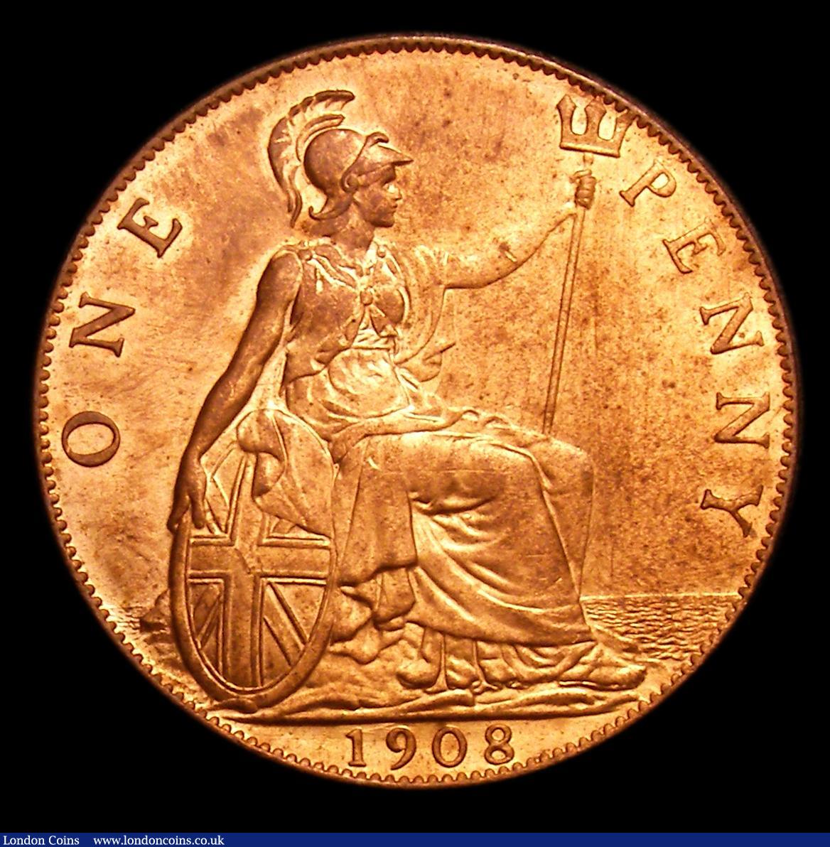 London Coins : A152 : Lot 2471 : Penny 1908 Freeman 166 dies 2+D UNC and lustrous with some contact marks, the obverse with a couple ...