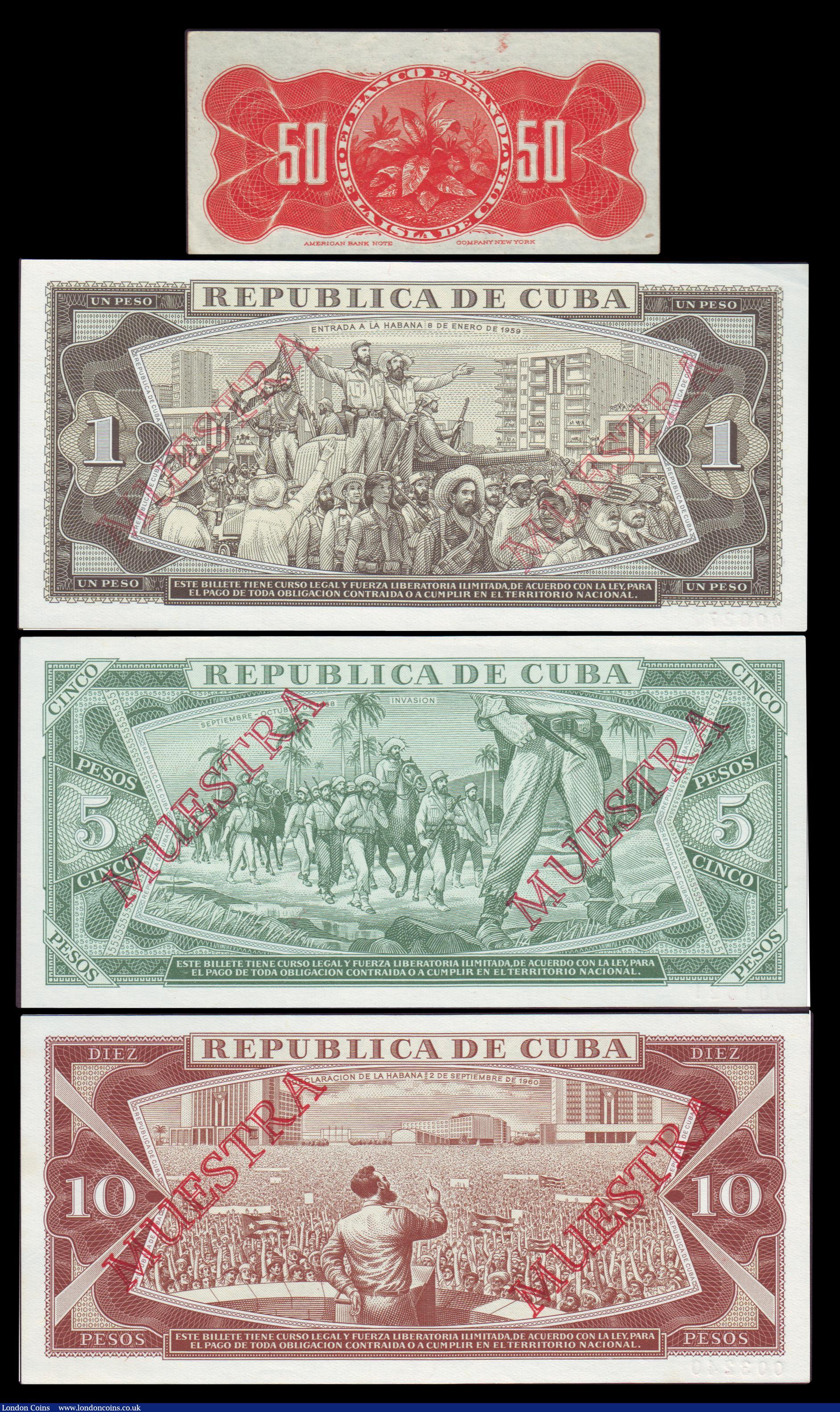 London Coins : A152 : Lot 253 : Cuba (4) 50 centavos 1896 Pick46a about UNC to UNC and Specimen 1 peso, 5 pesos and 10 pesos all dat...