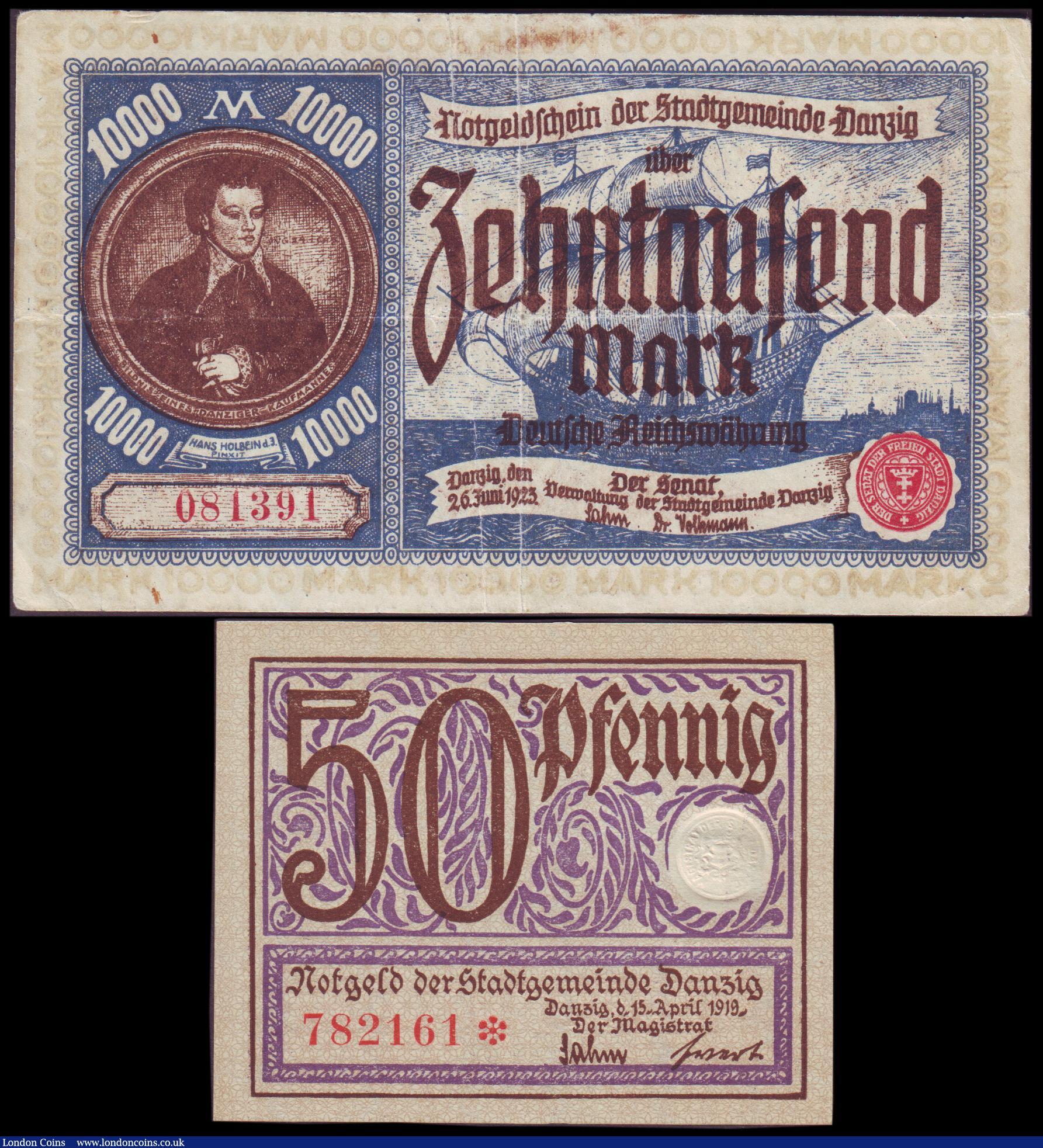 London Coins : A152 : Lot 261 : Danzig (2) 10000 Mark 26.6.1923 Pick 18 Fine with a couple of folds and a small pinhole in the centr...