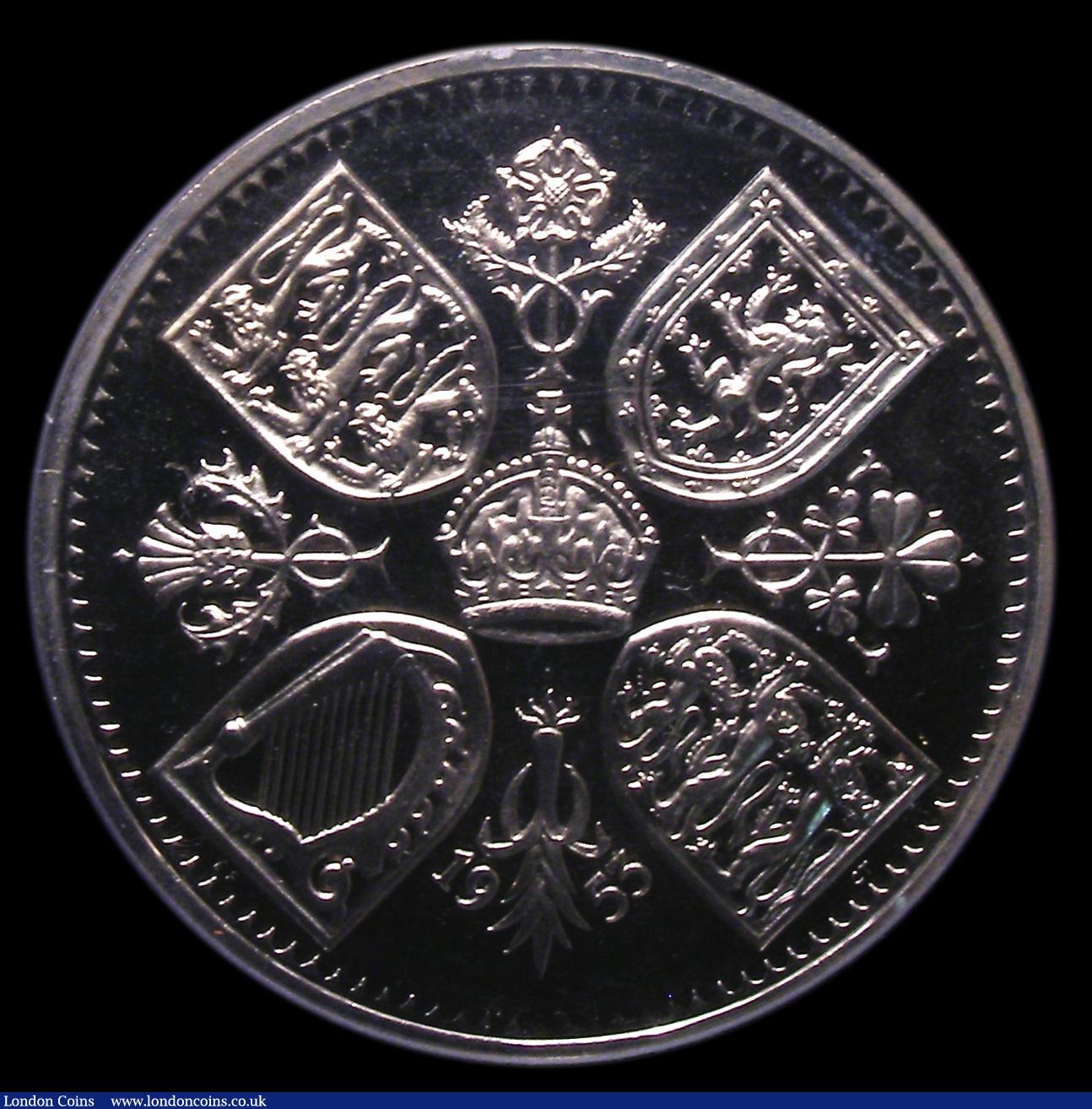 London Coins : A152 : Lot 2633 : Crown 1953 VIP Proof with frosted design and highly polished fields ESC 393M, clearly a VIP issue, e...