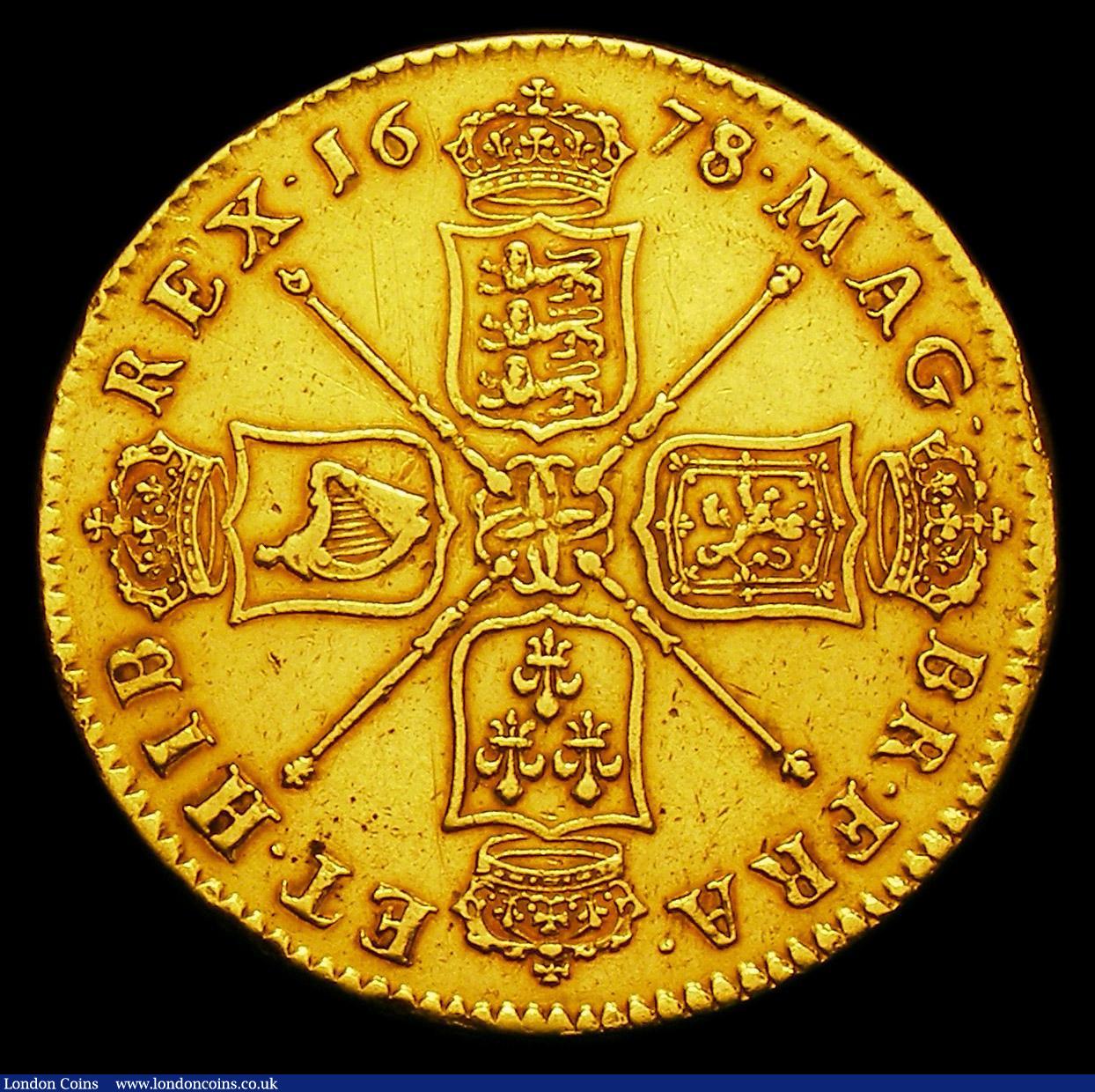 London Coins : A152 : Lot 2701 : Five Guineas 1678 Second Bust  8 over 7 S.3331 VF with a gentle edge bruise at 8 o' clock
