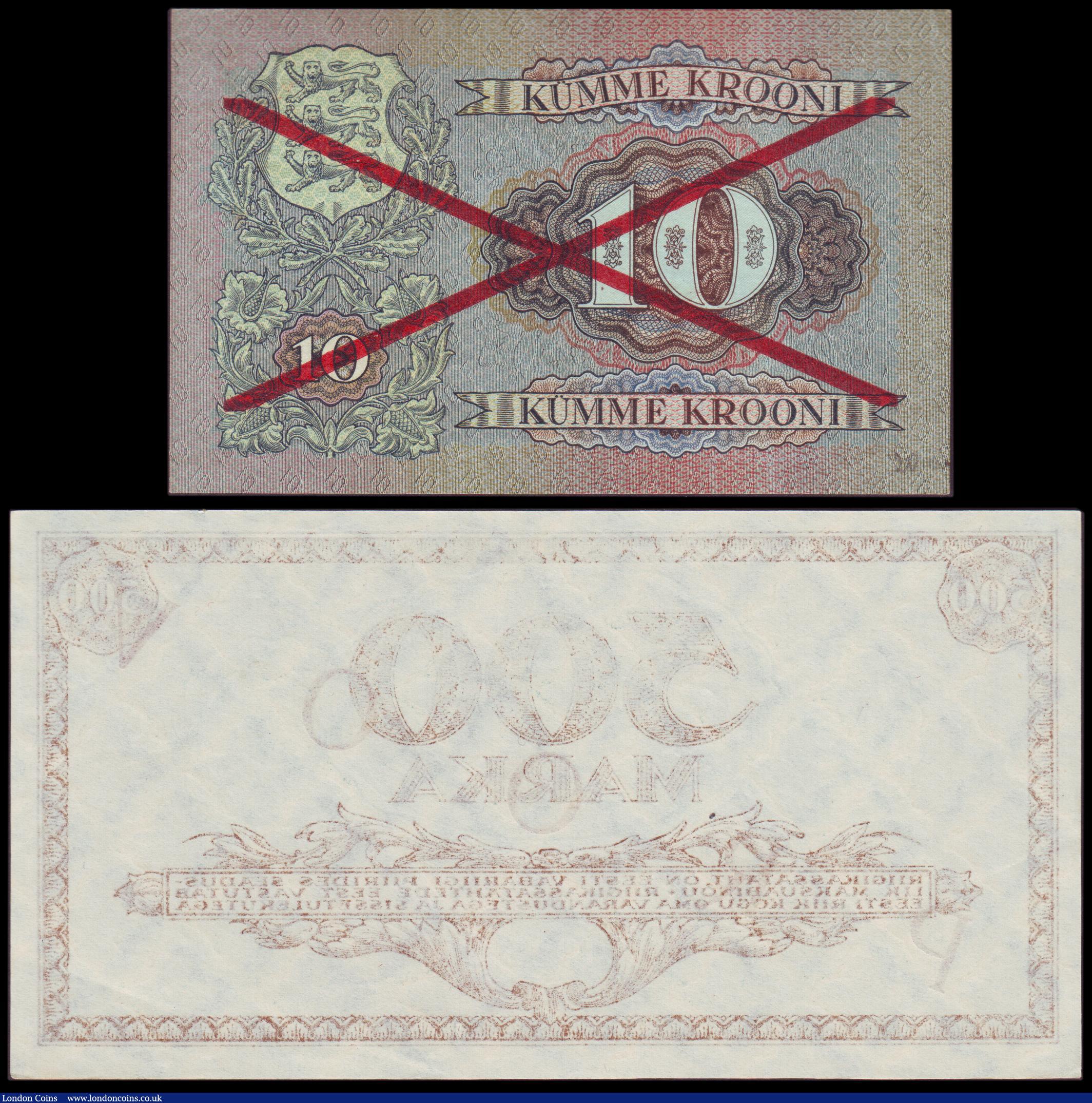 London Coins : A152 : Lot 273 : Estonia (2) 10 krooni SPECIMEN dated 1928 series No.0012345--6789000, PROOV in red diagonally across...
