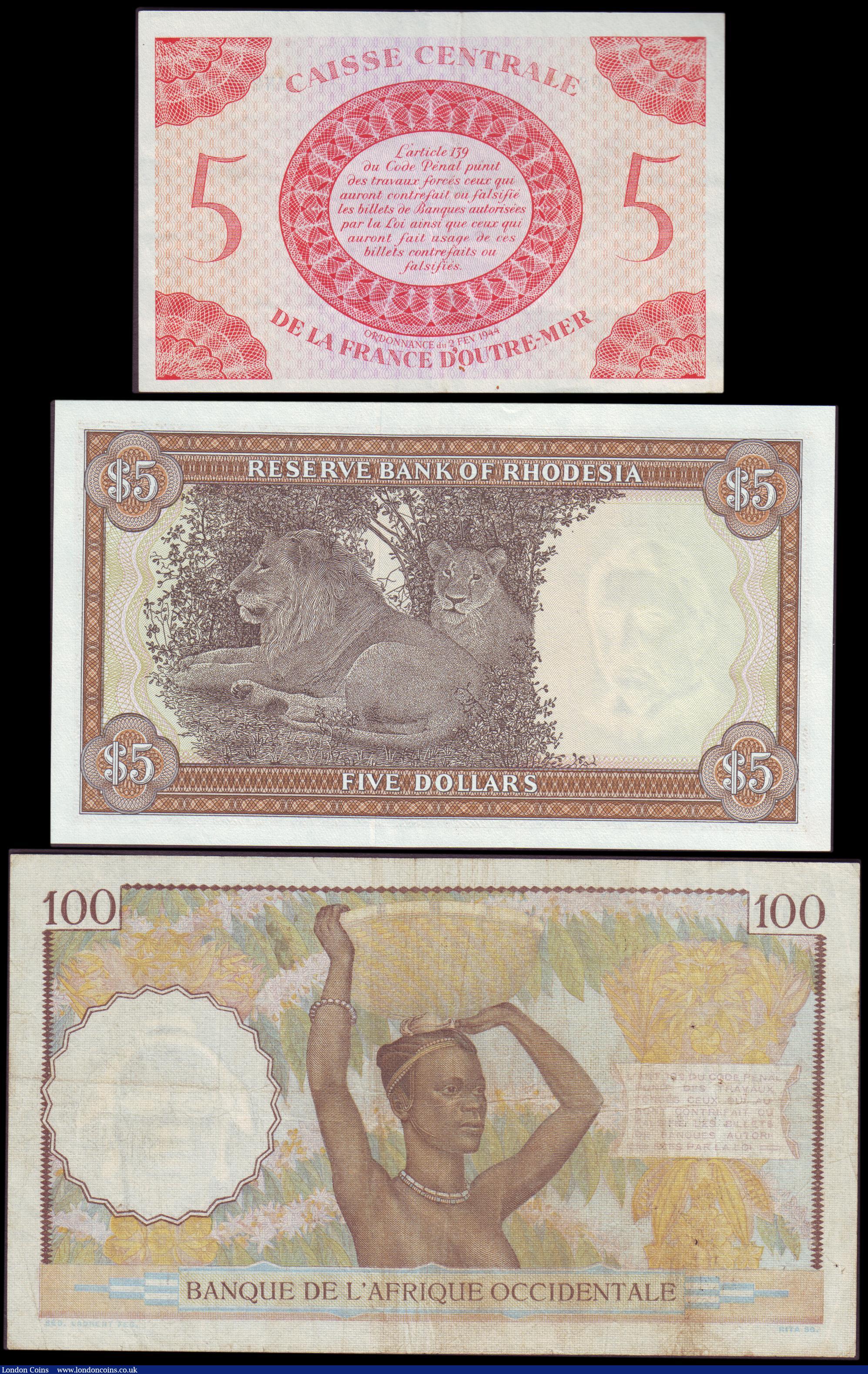 London Coins : A152 : Lot 299 : French Equatorial Africa 5 francs L.1944, blue serial AN227,606, A. Duval signature at left, Pick15a...