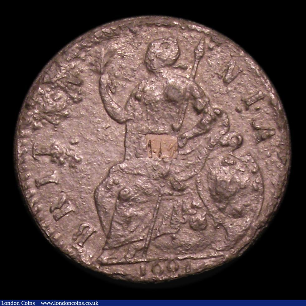 London Coins : A152 : Lot 2997 : Halfpenny 1691 Date in exergue and on edge, edge only partially readable but a star follows 1691, pr...