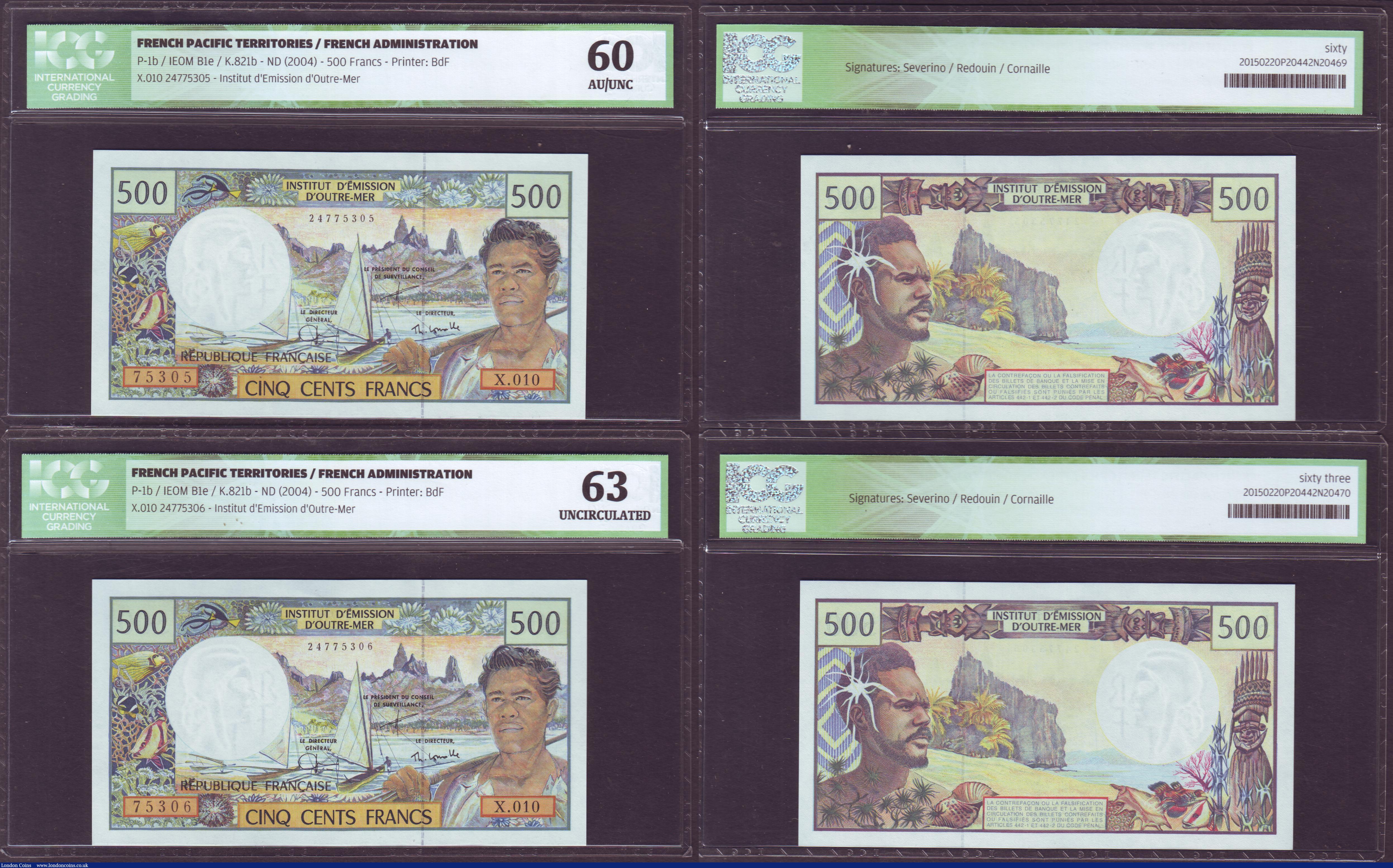 London Coins : A152 : Lot 300 : French Pacific Territories 500 francs (4) issued 1992, a consecutive numbered run series X.010, Pick...