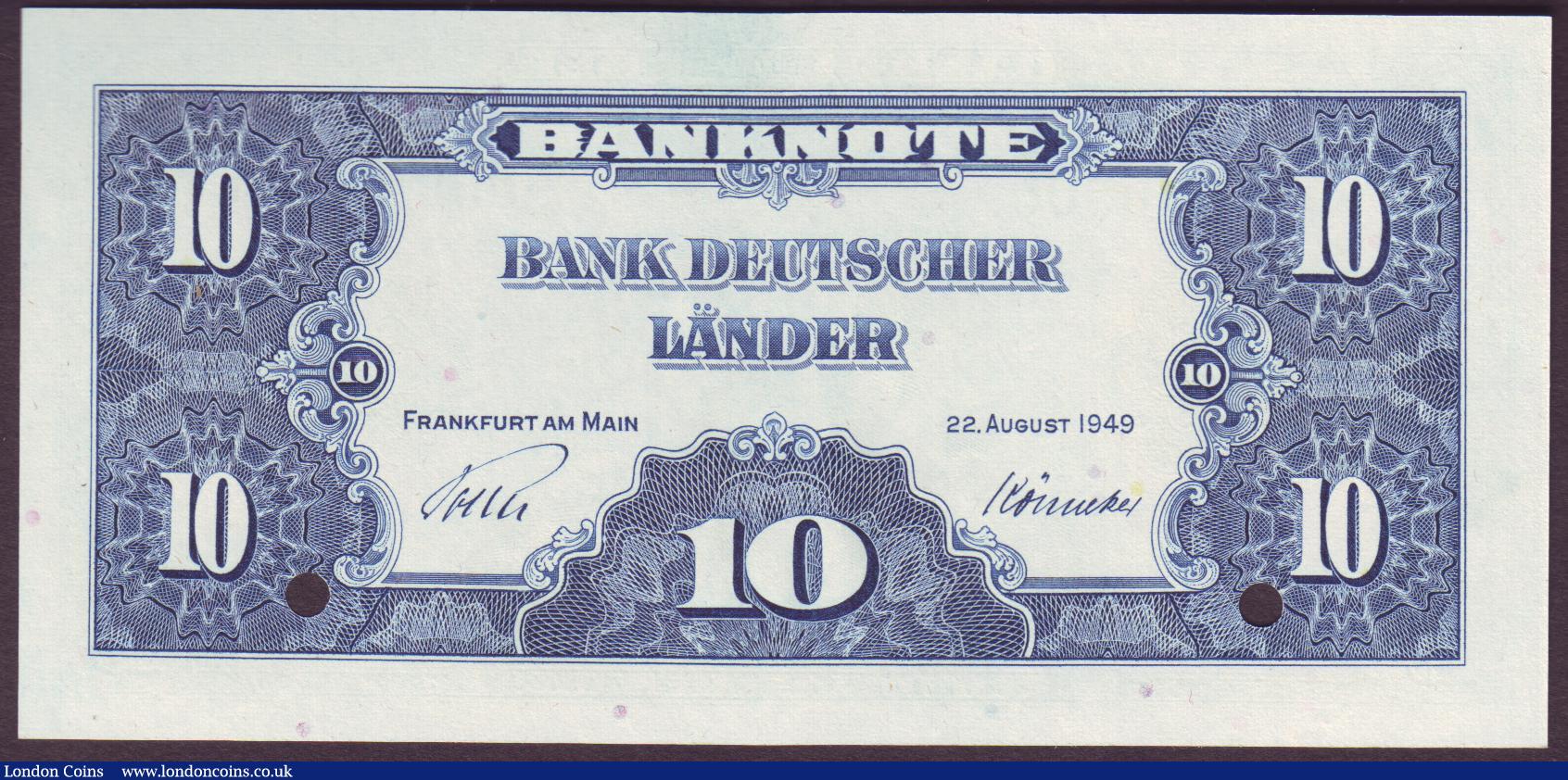 London Coins : A152 : Lot 310 : Germany 10 Deutsche Mark SPECIMEN Serie 1949, No.000000000, 2 punch holes & overprint SPECIMEN i...