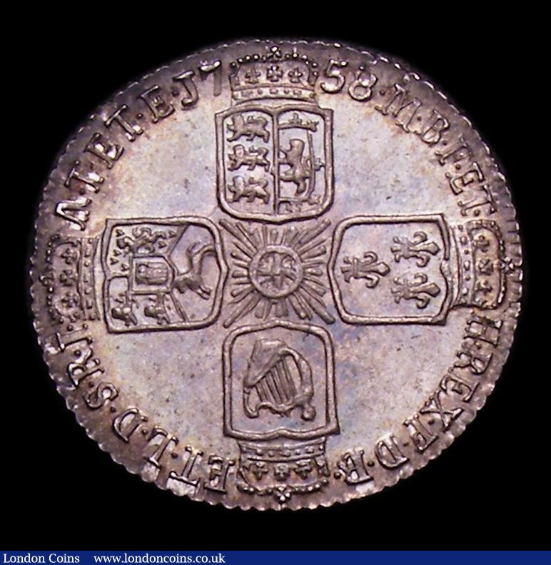 London Coins : A152 : Lot 3401 : Sixpence 1758 ESC 1623 A/UNC attractively toned the reverse colourfully so, and over original lustre...