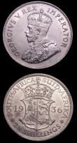 London Coins : A152 : Lot 1301 : South Africa (2) Halfcrown 1936 KM#19.3 NEF, Florin 1936 KM#22 EF both with light contact marks