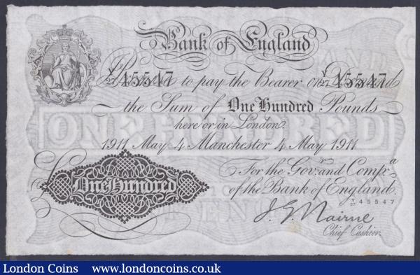 One hundred pounds Nairne B208f dated 4th May 1911 series Y/27 45547, MANCHESTER branch issue, faint stains lower right, pressed VF but looks much better, scarce : English Banknotes : Auction 153 : Lot 25