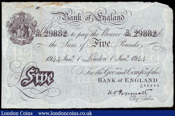 Five pounds Peppiatt white B241 dated 1st January 1944, series D/161 29882, a few rust marks, small hole top left, cleaned & pressed gFine, a scarcer date type : English Banknotes : Auction 153 : Lot 77