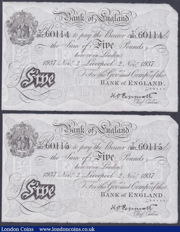 Five pounds Peppiatt white B241e (2) both dated 2nd November 1937, a consecutively numbered pair, series T/267 60114 & T/267 60115, LIVERPOOL branch issues, Pick335b, e few small edge tears at bottom, both GVF and scarce as an original pair : English Banknotes : Auction 153 : Lot 84