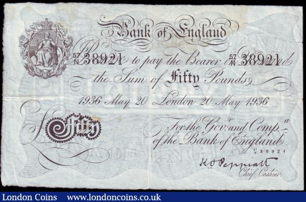 Fifty pounds Peppiatt white B244 dated 20th May 1936 series 57/N 38921, pinholes &stained at top, Fine+ : English Banknotes : Auction 153 : Lot 95