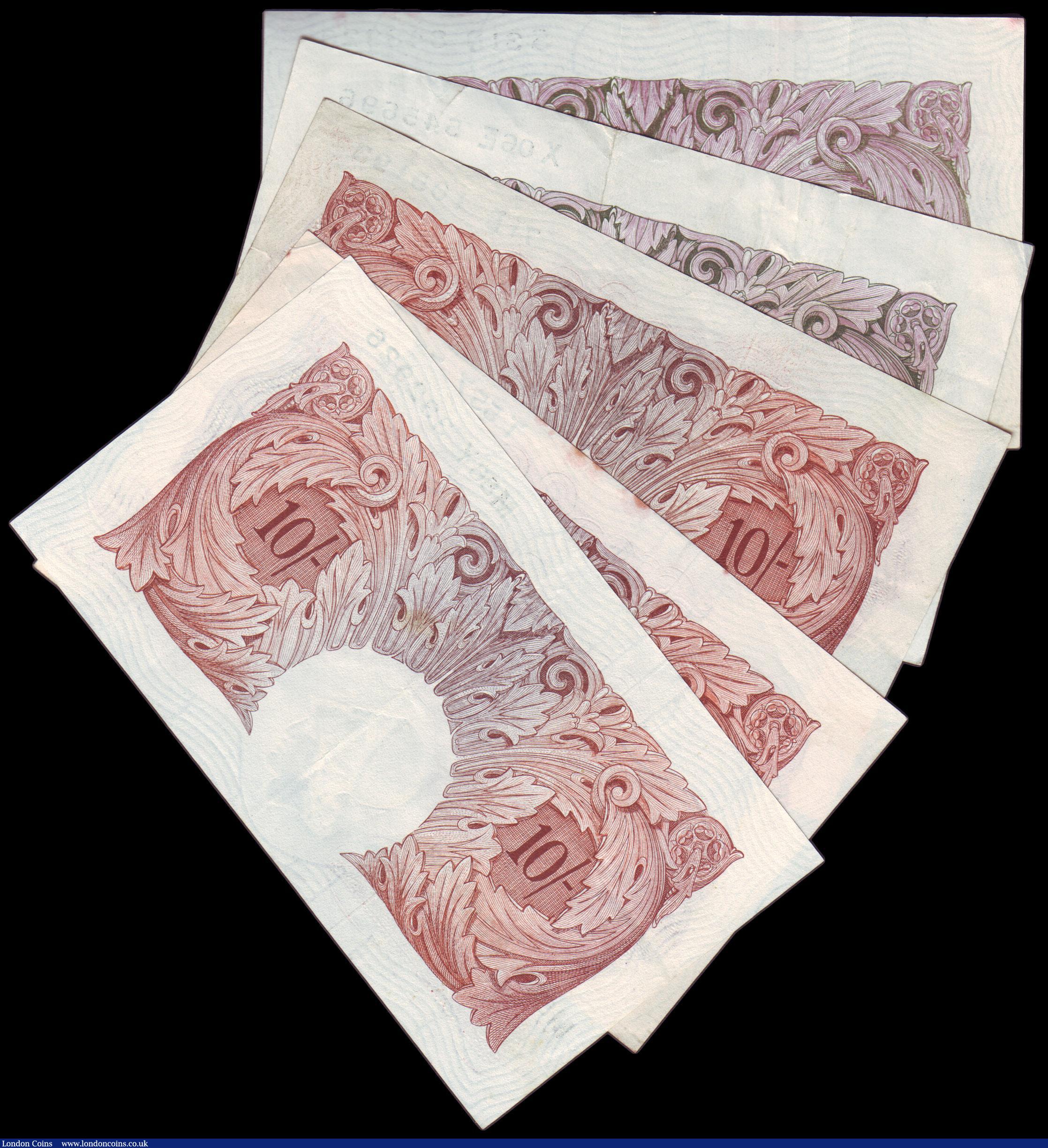 London Coins : A153 : Lot 111 : Ten shillings Peppiatt mauve B251 (2) issued 1940 series S31D rust marks aEF and X06E good Fine, als...