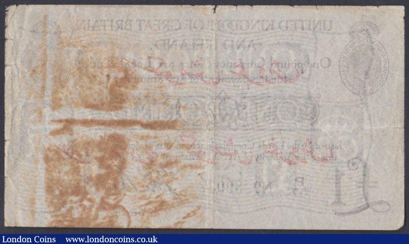 London Coins : A153 : Lot 13 : One pound Bradbury T14 issued 1915, Dardanelles issue with Arabic overprint for 120 piastres, P/57 8...