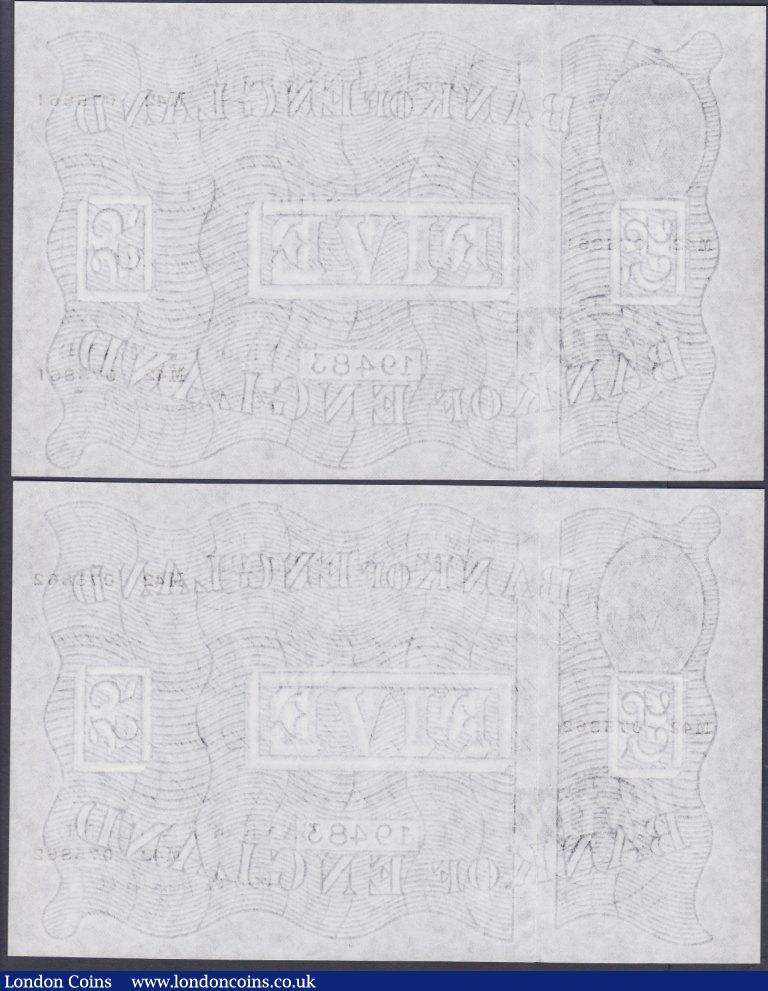 London Coins : A153 : Lot 130 : Five pounds Peppiatt white B264 (2) both dated 12th June 1947, a consecutively numbered pair, series...