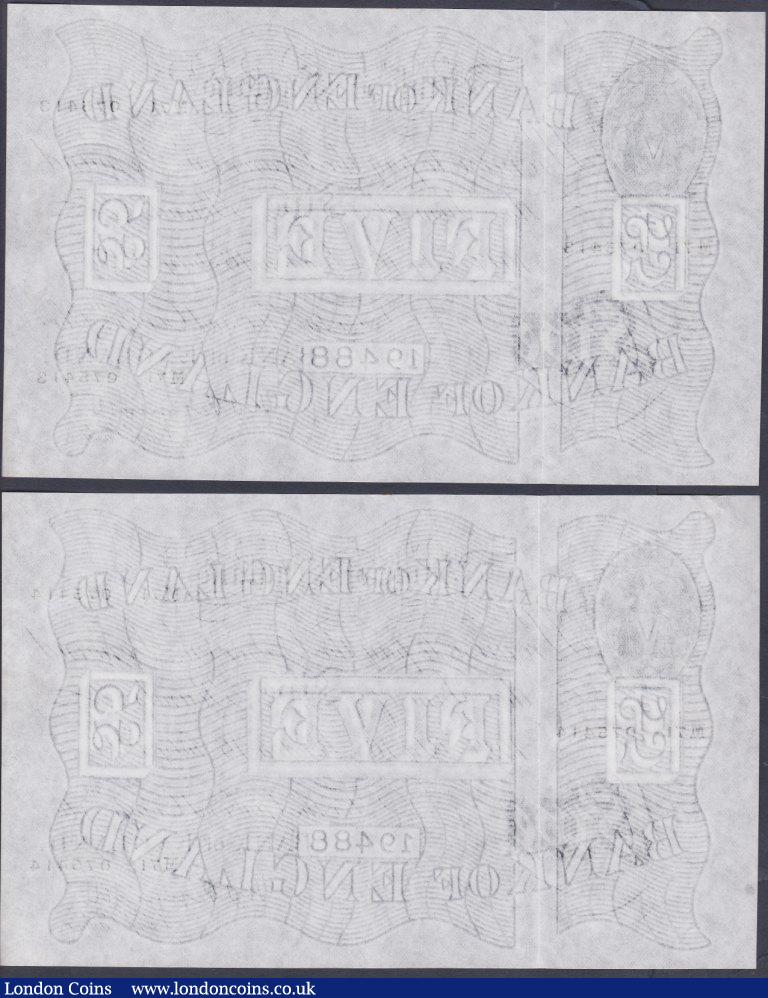 London Coins : A153 : Lot 132 : Five pounds Peppiatt white B264 (2) both dated 16th July 1947, a consecutively numbered pair, very l...