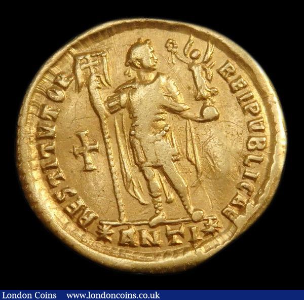 London Coins : A153 : Lot 1842 : Au solidus. Valentinian I.  C,  364-75 AD.  Antioch.  Rev; RESTITVTOR REIPVBLICAE; Valentinian stand...