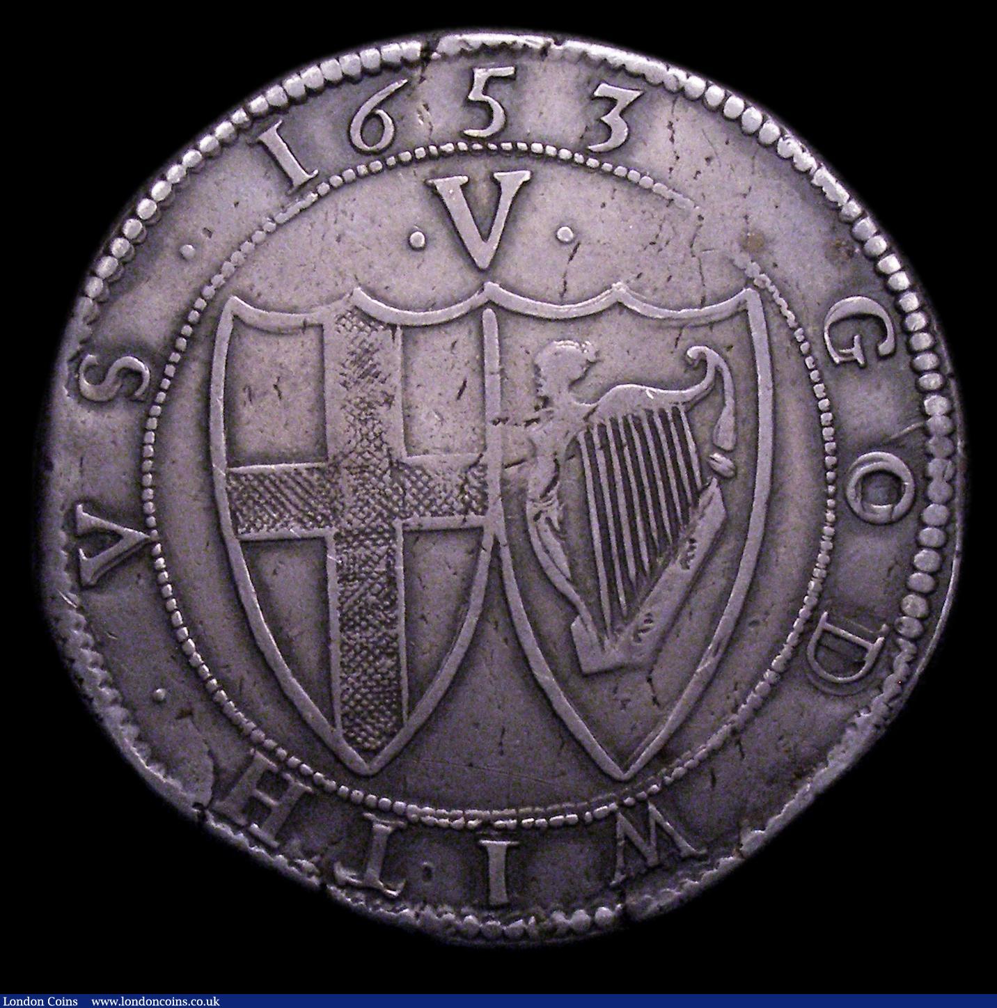 London Coins : A153 : Lot 1888 : Crown 1653 Commonwealth ESC 6 Good Fine and bold, with some small edge cracks and slight flan stress...