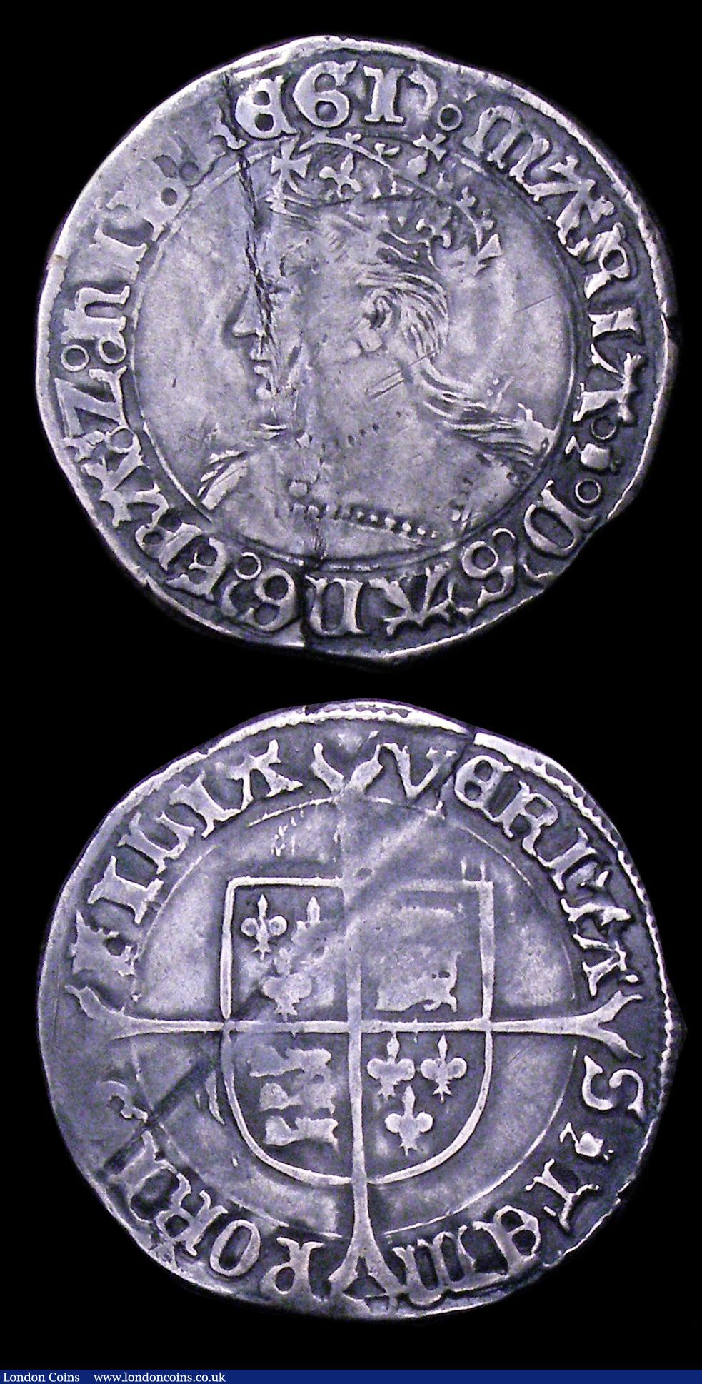 London Coins : A153 : Lot 1924 : Groats (2) Mary S.2492 mintmark Pomegranate, Near Fine for wear with a long flan fault, Philip and M...