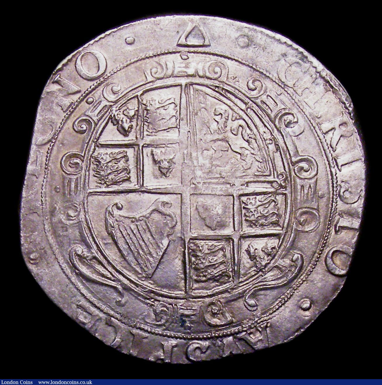 London Coins : A153 : Lot 1930 : Halfcrown Charles I Group III, Third Horseman, type 3a2 rough ground under horse S.2776 mintmark Tri...