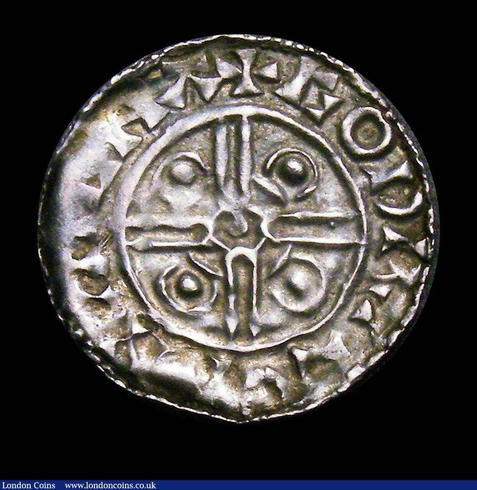 London Coins : A153 : Lot 1959 : Penny Cnut Pointed Helmet type, with Cross behind bust, S.1158, as North 787 Lympne Mint, moneyer GO...
