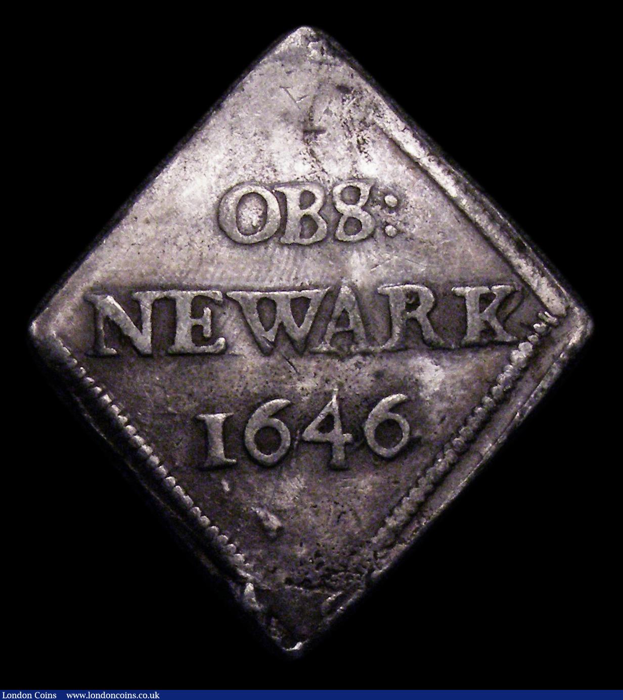 London Coins : A153 : Lot 1976 : Shilling 1646 Newark besieged S.3143 bold Good Fine, evenly struck for this crude type