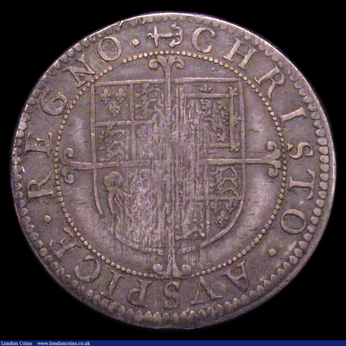 London Coins : A153 : Lot 1986 : Shilling Charles I Second Milled Issue 1638-9 Briot's Late Bust S.2859 Cross only to inner circ...