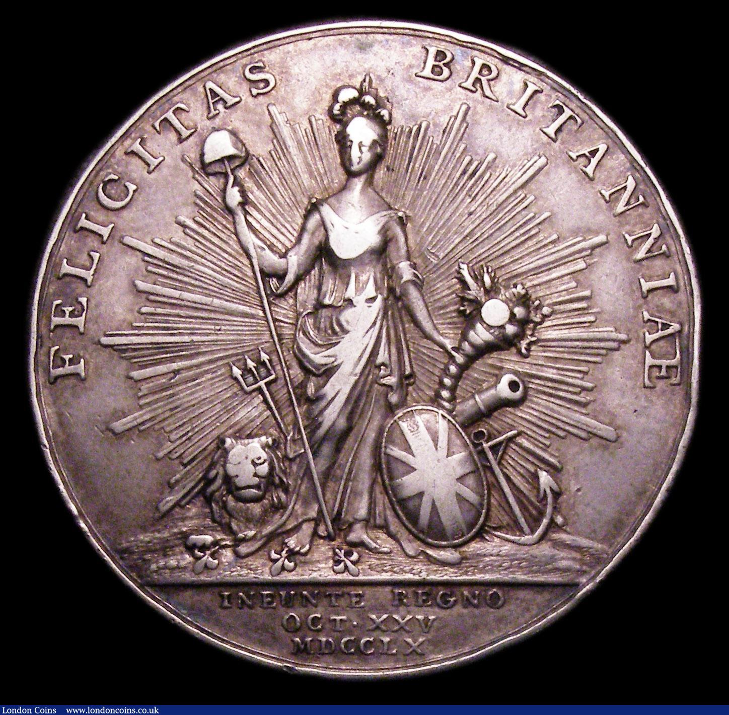London Coins : A153 : Lot 2038 : Accession of George III 1760 41mm diameter in silver by T.Pingo Eimer 683 Obverse Bust left, armoure...