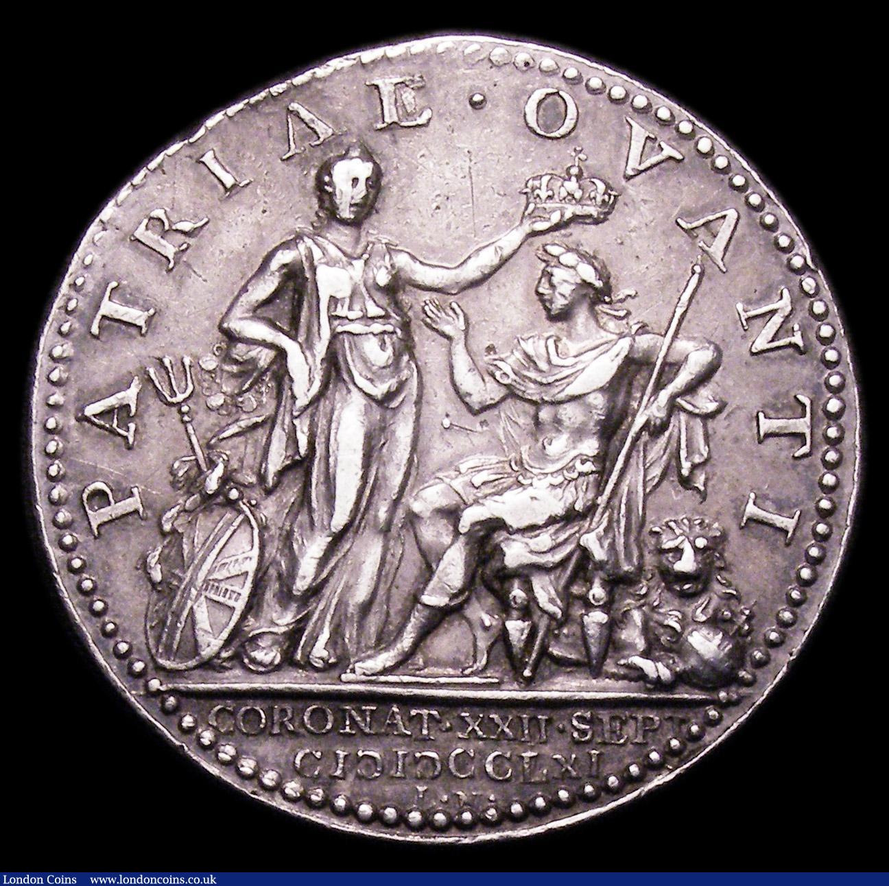 London Coins : A153 : Lot 2051 : Coronation of George III 1761 34mm diameter in silver by L.Natter. Eimer 694 Obverse Bust right laur...