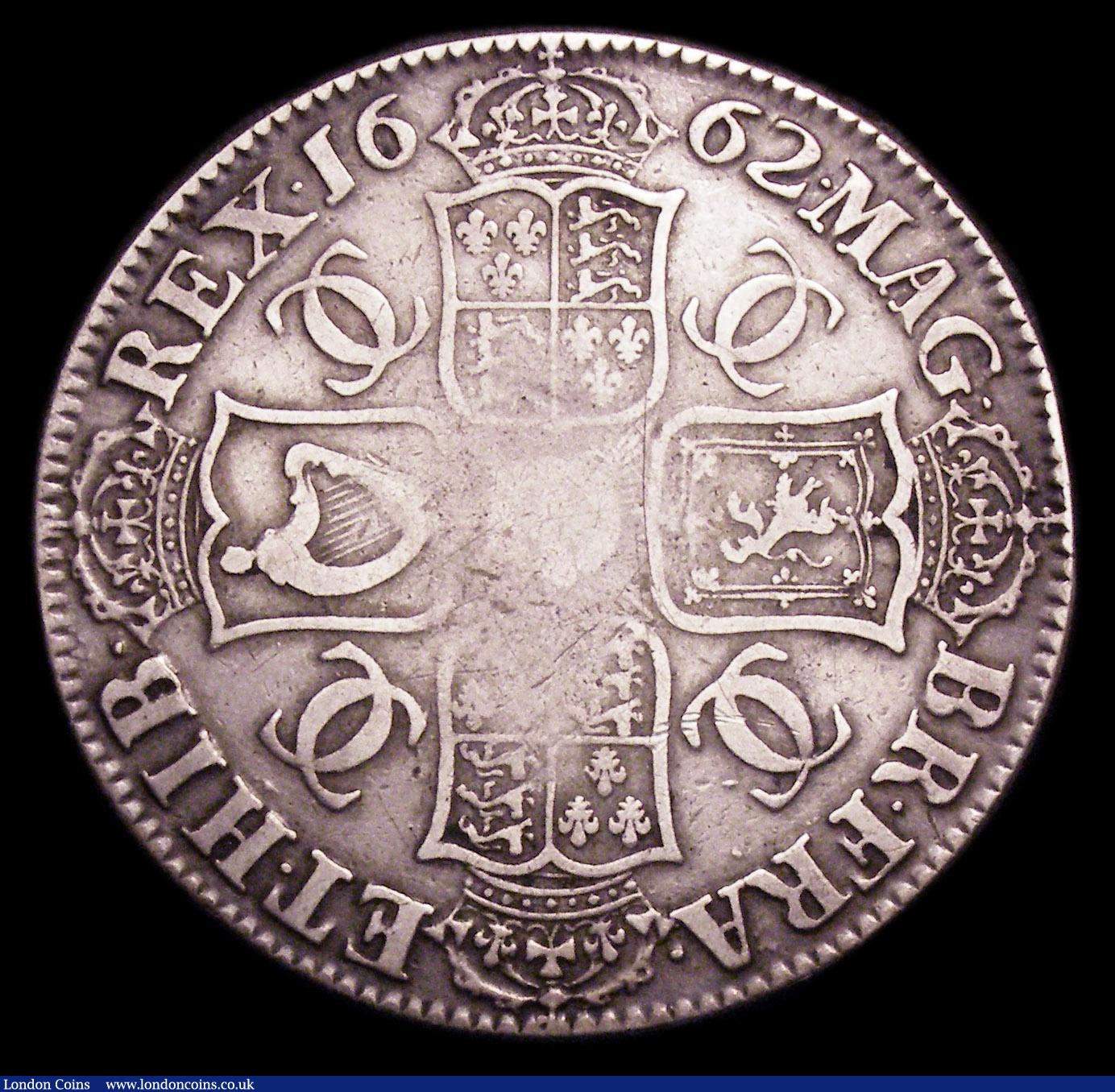 London Coins : A153 : Lot 2172 : Crown 1662 Rose below bust, edge undated ESC 15 About Fine with some weakness in the centre as often