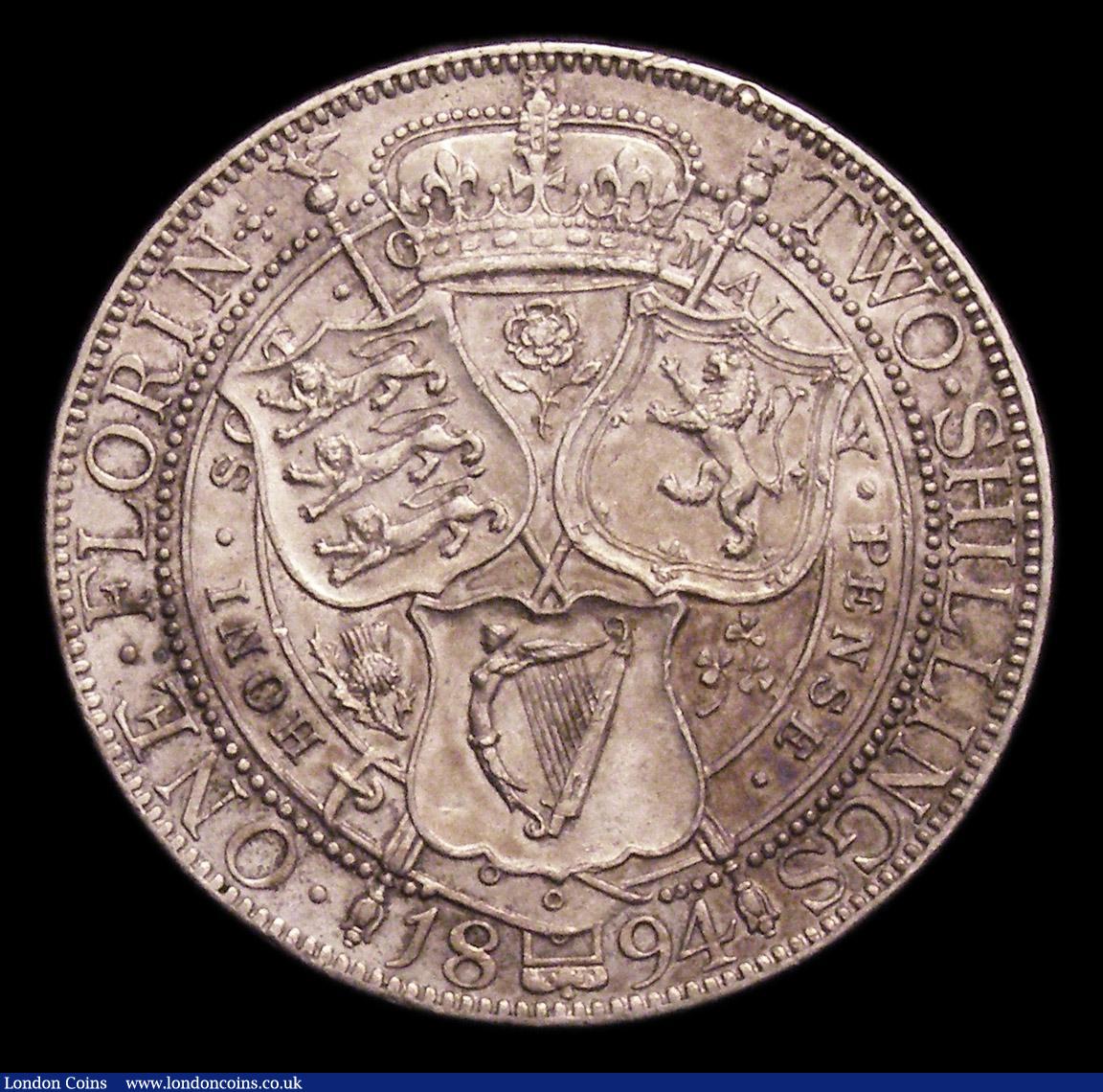 London Coins : A153 : Lot 2204 : Florin 1894 ESC 878 Davies 833 dies 1B VF/GVF the obverse with some hairlines, a much scarcer type, ...