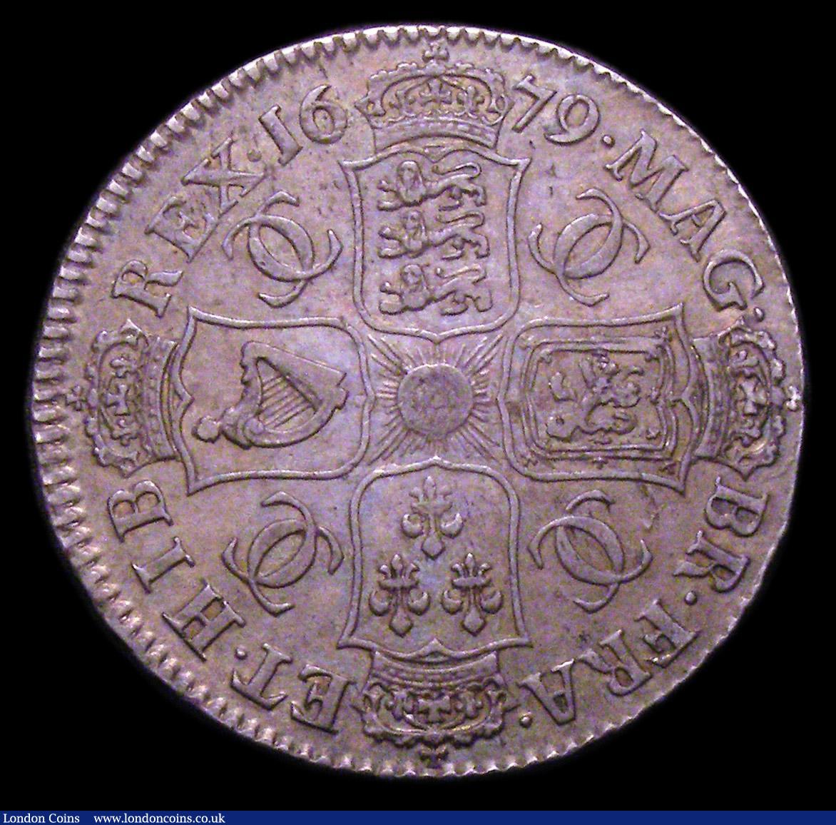 London Coins : A153 : Lot 2214 : Halfcrown 1679 ESC 481 VF or slightly better, nicely toned with some light haymarking