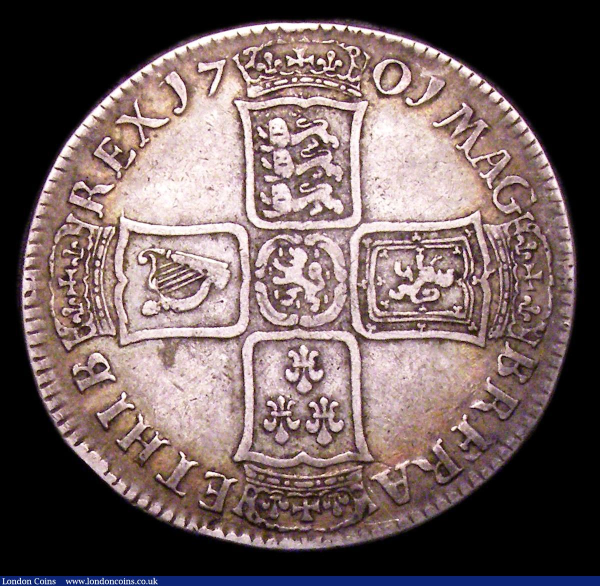 London Coins : A153 : Lot 2217 : Halfcrown 1701 Plain in angles, No Stops on Reverse ESC 565 Fine, the reverse slightly better, accor...