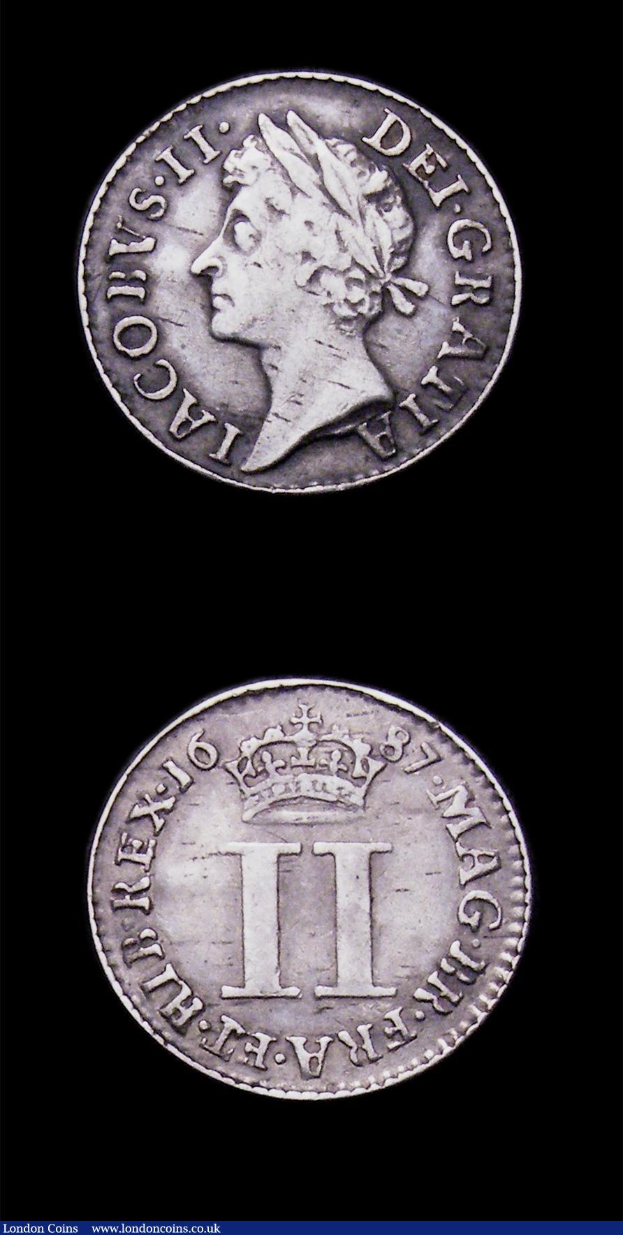 London Coins : A153 : Lot 2248 : Maundy a 3-part set 1687 Fourpence 7 over 6 ESC 1862 NVF with a thin scratch on the obverse, Threepe...