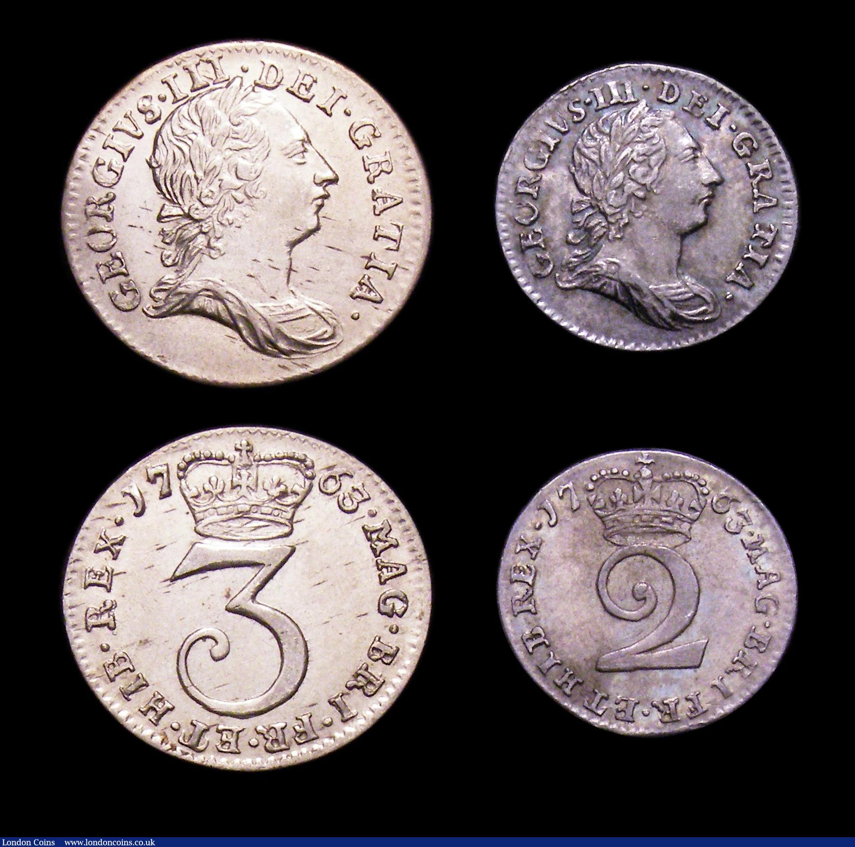 London Coins : A153 : Lot 2251 : Maundy a 3-part set 1763 Fourpence ESC 1908 EF/NEF, Threepence ESC 2034 EF, Twopence ESC 2238 A/UNC ...