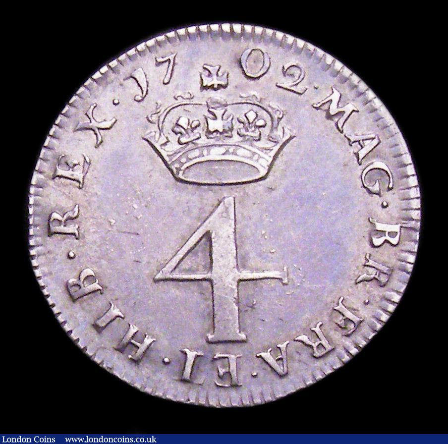 London Coins : A153 : Lot 2253 : Maundy Fourpence 1702 William III ESC 1885 VF and pleasing, the only coin minted in 1702 for William...