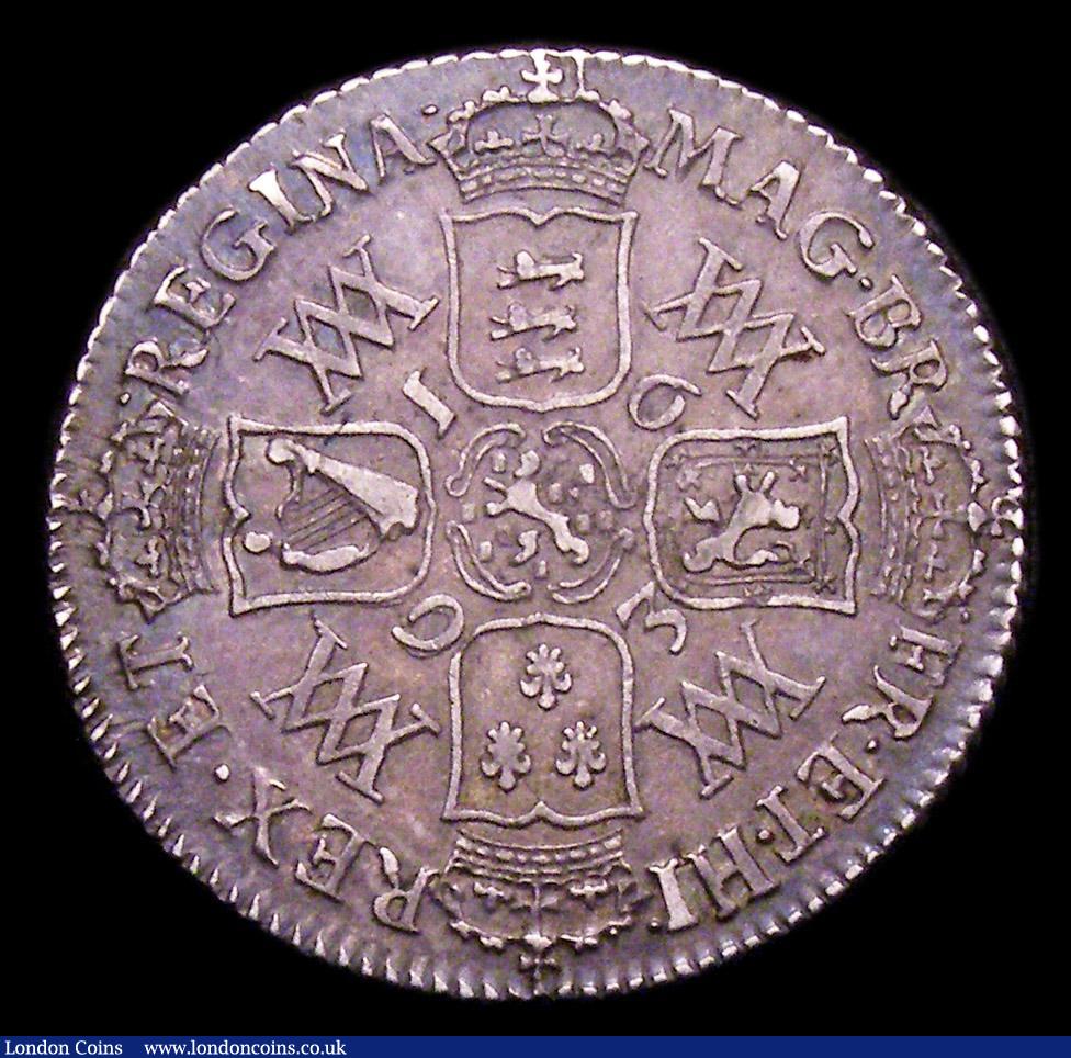 London Coins : A153 : Lot 2278 : Shilling 1693 9 over 0 ESC 1076A VF and nicely toned, with the usual weak area on the King's wr...